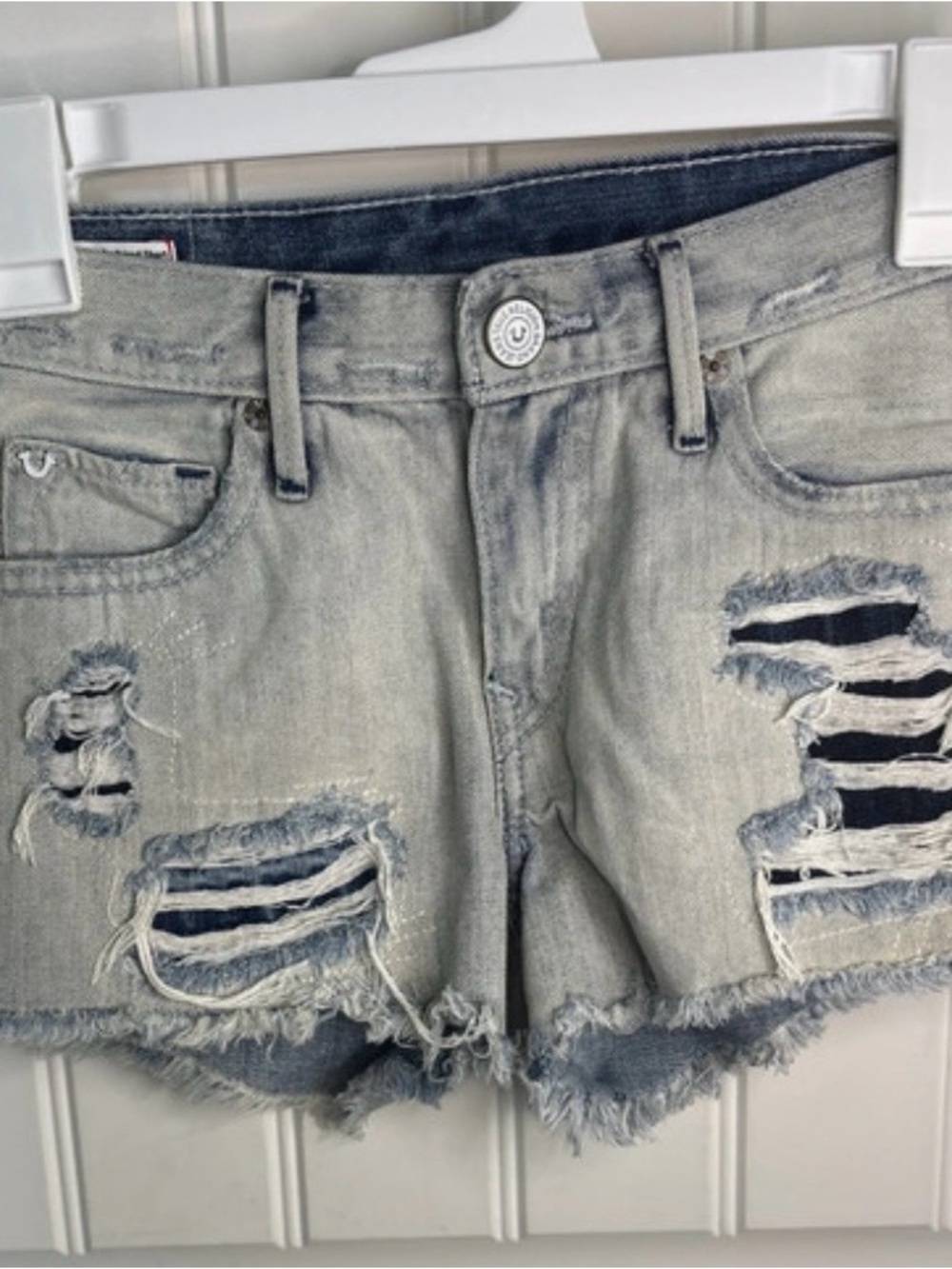 True Religion Light Blue Distressed High-Waist Denim Shorts